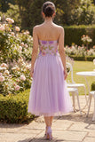 Lilac Strapless Floral A Line Wedding Guest Dress