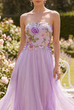 Lilac Strapless Floral A Line Wedding Guest Dress