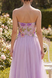 Lilac Strapless Floral A Line Wedding Guest Dress