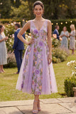 A Line Lilac V-Neck Floral Midi Wedding Guest Dress