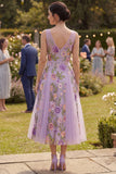 A Line Lilac V-Neck Floral Midi Wedding Guest Dress