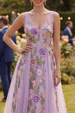 A Line Lilac V-Neck Floral Midi Wedding Guest Dress