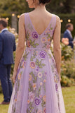 A Line Lilac V-Neck Floral Midi Wedding Guest Dress