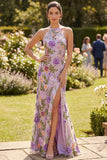 Halter Floral Lilac Wedding Guest Dress with Slit