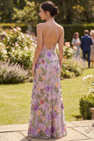 Halter Floral Lilac Wedding Guest Dress with Slit