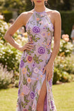 Halter Floral Lilac Wedding Guest Dress with Slit