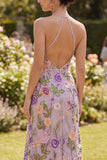 Halter Floral Lilac Wedding Guest Dress with Slit