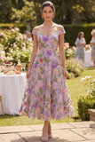 Off the Shoulder Lilac A Line Floral Wedding Guest Dress