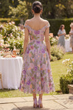 Off the Shoulder Lilac A Line Floral Wedding Guest Dress