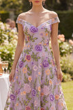 Off the Shoulder Lilac A Line Floral Wedding Guest Dress