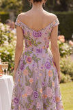 Off the Shoulder Lilac A Line Floral Wedding Guest Dress
