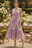Lilac A Line Spaghetti Straps Floral Midi Wedding Guest Dress