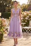 Lilac V-Neck Floral Tulle Wedding Guest Dress