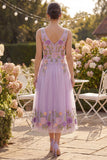 Lilac V-Neck Floral Tulle Wedding Guest Dress