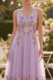 Lilac V-Neck Floral Tulle Wedding Guest Dress