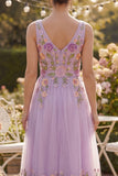 Lilac V-Neck Floral Tulle Wedding Guest Dress