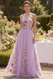A Line Strapless Floral Lilac Wedding Guest Dress