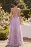 A Line Strapless Floral Lilac Wedding Guest Dress