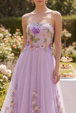 A Line Strapless Floral Lilac Wedding Guest Dress