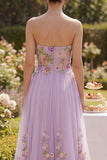 A Line Strapless Floral Lilac Wedding Guest Dress