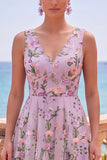 Lilac V-Neck A Line Floral Midi Wedding Guest Dress