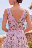 Lilac V-Neck A Line Floral Midi Wedding Guest Dress