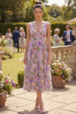 Lilac V-Neck A Line Floral Midi Wedding Guest Dress