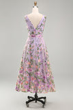 Lilac V-Neck A Line Floral Midi Wedding Guest Dress