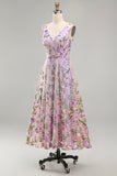Lilac V-Neck A Line Floral Midi Wedding Guest Dress
