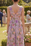 Lilac V-Neck A Line Floral Midi Wedding Guest Dress