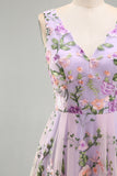 Lilac V-Neck A Line Floral Midi Wedding Guest Dress