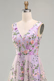 Lilac V-Neck A Line Floral Midi Wedding Guest Dress