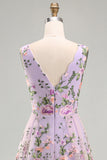 Lilac V-Neck A Line Floral Midi Wedding Guest Dress