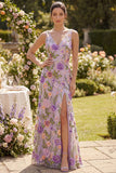 A Line Floral Lilac V-Neck Wedding Guest Dress with Slit