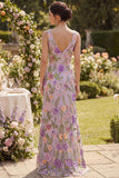 A Line Floral Lilac V-Neck Wedding Guest Dress with Slit