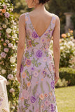 A Line Floral Lilac V-Neck Wedding Guest Dress with Slit