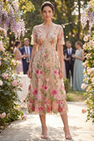 Floral Blush A Line V-Neck Midi Wedding Guest Dress with Short Sleeves