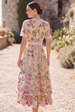 Floral Blush A Line V-Neck Midi Wedding Guest Dress with Short Sleeves