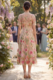 Floral Blush A Line V-Neck Midi Wedding Guest Dress with Short Sleeves