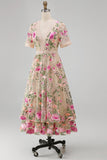 Floral Blush A Line V-Neck Midi Wedding Guest Dress with Short Sleeves