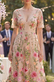 Floral Blush A Line V-Neck Midi Wedding Guest Dress with Short Sleeves