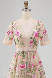 Floral Blush A Line V-Neck Midi Wedding Guest Dress with Short Sleeves