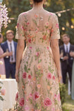 Floral Blush A Line V-Neck Midi Wedding Guest Dress with Short Sleeves