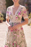 Floral Blush A Line V-Neck Midi Wedding Guest Dress with Short Sleeves