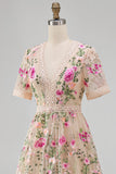Floral Blush A Line V-Neck Midi Wedding Guest Dress with Short Sleeves