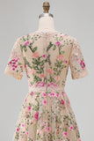 Floral Blush A Line V-Neck Midi Wedding Guest Dress with Short Sleeves