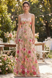 Blush Floral A Line Spaghetti Straps Long Wedding Guest Dress