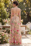 Blush Floral A Line Spaghetti Straps Long Wedding Guest Dress