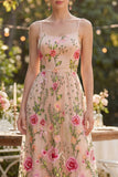 Blush Floral A Line Spaghetti Straps Long Wedding Guest Dress