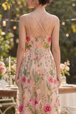 Blush Floral A Line Spaghetti Straps Long Wedding Guest Dress